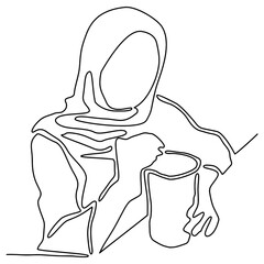 continous line hijab girl illustration sitting in cafe