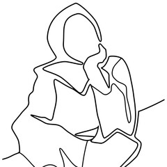 continous line hijab girl illustration sitting in cafe