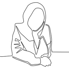 continous line hijab girl illustration sitting in cafe