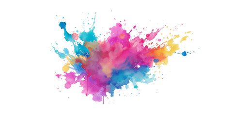Bright colorful watercolor splash splatter stain brush strokes on white background. Modern vibrant aquarelle spot. Rainbow trendy isolated design on white. Element. Vector watercolor illustration.