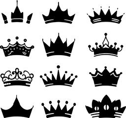 Set of king crowns and icon on white background, royal symbols, Crown icons set, Collection of crown silhouette.