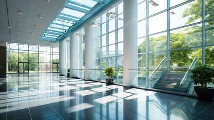 Modern building interior with solar control glass reflecting light. Sustainable architecture.