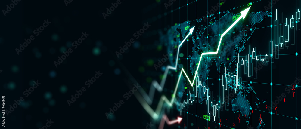 Poster growing upward arrows, map and forex chart on wide dark background. global trends, trading and finan
