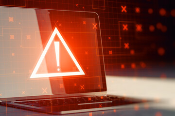 Laptop with creative red security alert on blurry background. Fraud and danger concept. 3D...