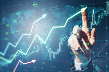Close up of man hand pointing at growing upward chart, map, arrows and forex graph on blurry background. Global trends, trading and finance concept. Double exposure. - obrazy, fototapety, plakaty