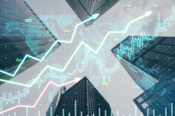 Creative growing upward chart, map, arrows and forex graph on blurry city background. Global...