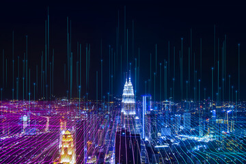 Creative glowing purple night city background with digital data lines all over. Smart city, VR, AI...