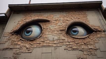 Obraz na płótnie Canvas Very old shabby building with eyes. Real house emoticon. Emoji construction