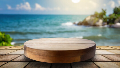Vacant circular wooden display platform positioned on a rock overlooking the seascape