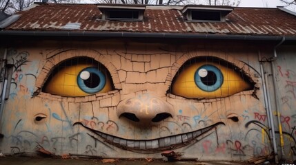 Obraz na płótnie Canvas Very old shabby building with eyes. Real house emoticon. Emoji construction