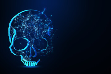 Digital polygonal skull on dark blue background with mock up place. Piracy and crime concept. Mock...