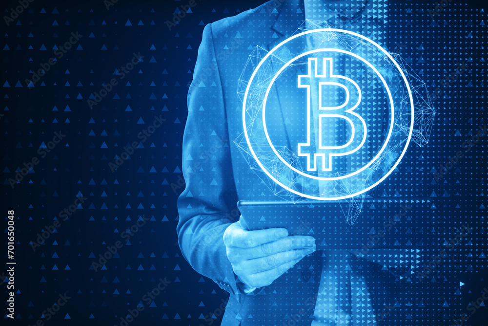 Poster Close up of pixel businessman using tablet with abstract bitcoin hologram on blue background. Cryptocurrency and finance concept.