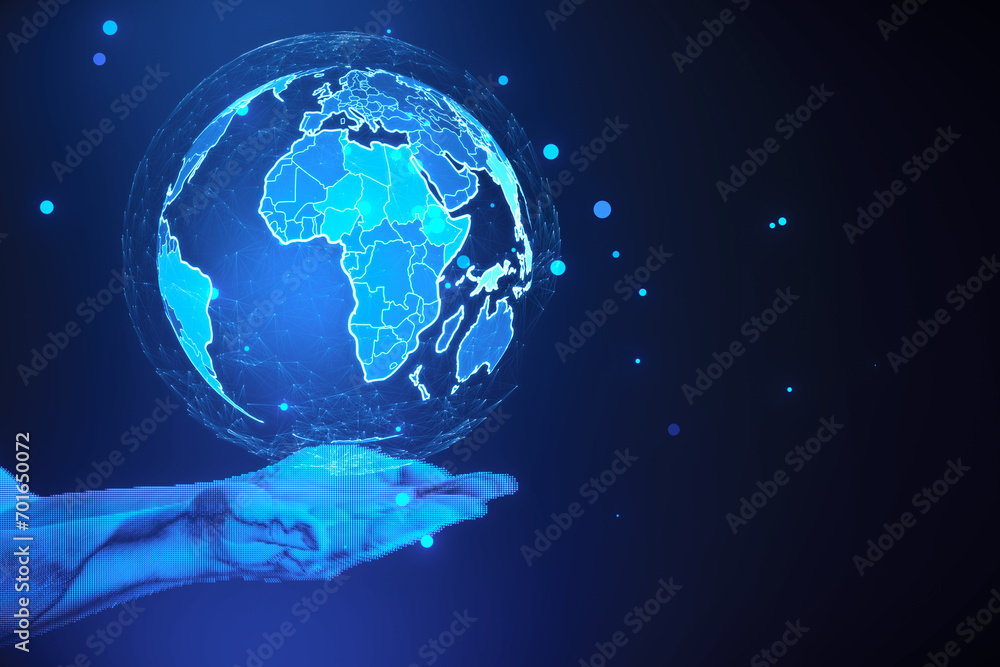 Poster close up of pixel hands holding digital polygonal globes on blue background. global network and inno