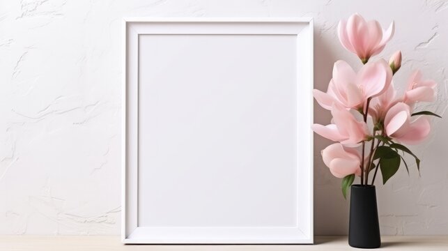 Empty picture white frame mockup on a white wall background. Generate AI image
