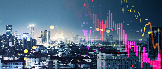 Abstract wide night city background with falling forex chart. Crisis, finance and trade concept. Double exposure.