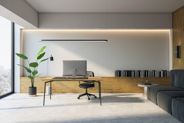 Modern light office interior with furniture and panoramic windows with city view and daylight. 3D...