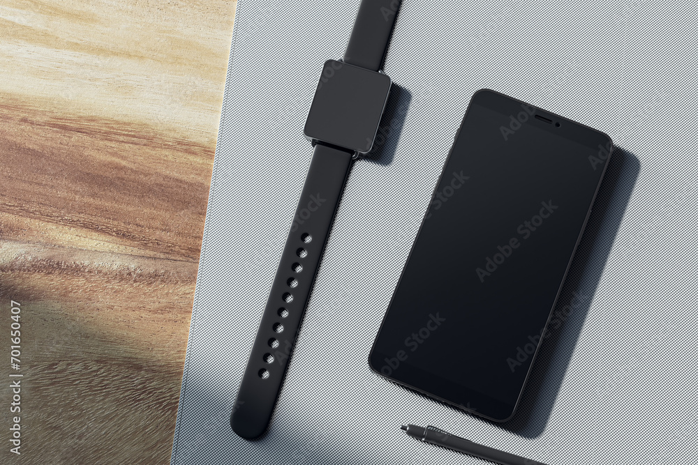 Poster top view of empty smartphone screen, digital watch, pen and glasses on wooden tablet. devices at wor