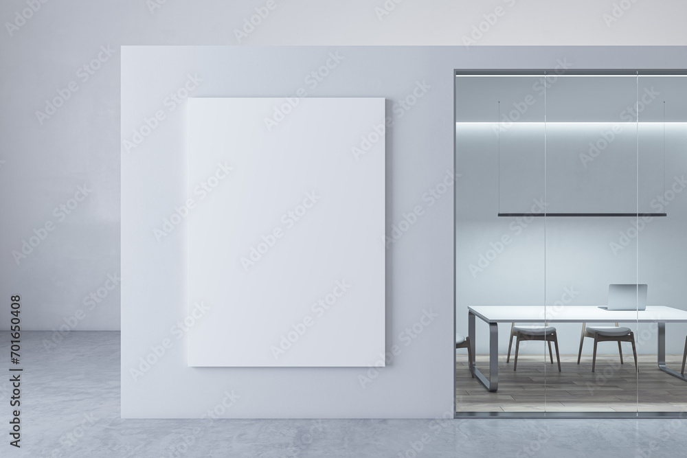 Poster modern light concrete and glass office box interior with empty white mock up banner on walls and woo
