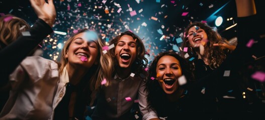 Joyful group of friends celebrating at party with confetti. Celebration and nightlife.