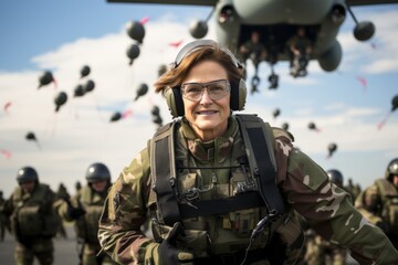 Portrait of mature female soldier in military uniform and glasses on background of military planes