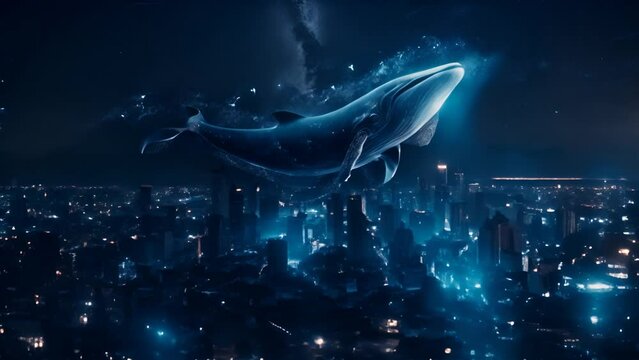 A hologram of a whale composed of stars over a nighttime cityscape.