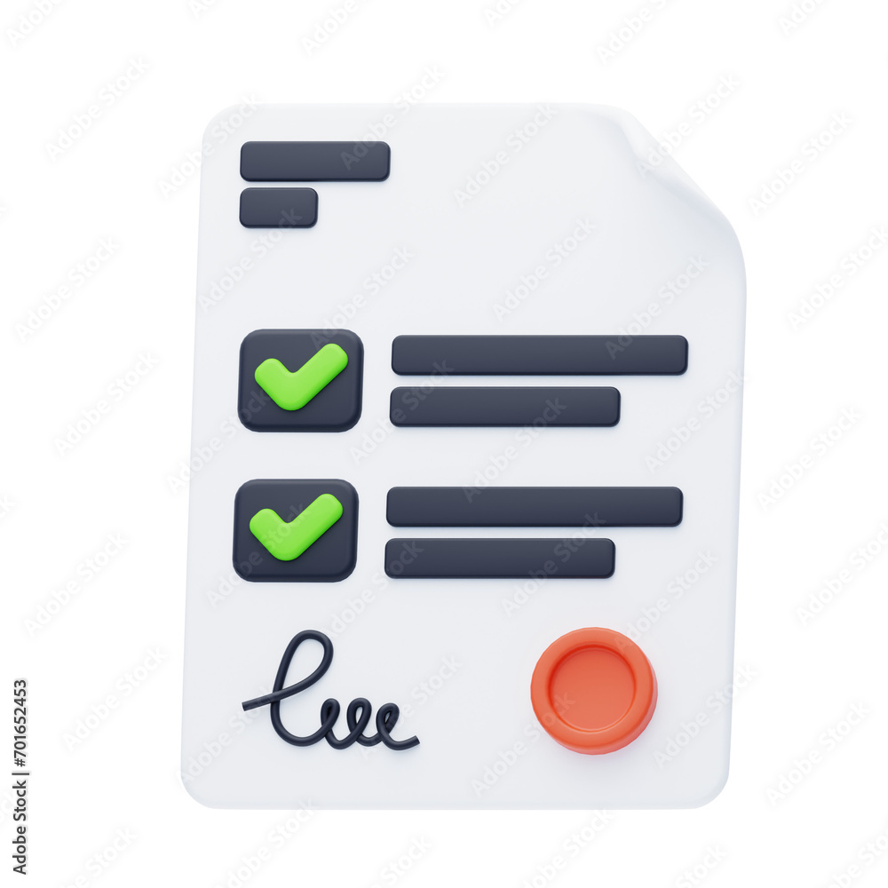 Poster 3d task approval - checkmark and signature on assignment. 3d assignment with checkmark and signature