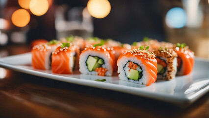 Salmon sushi rolls on a plate.