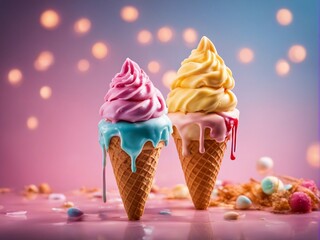 Two colorful ice cream cones.