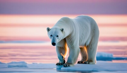 "A majestic polar bear strolls across the frozen tundra at sunset"