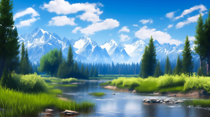 遠くに雪山を望む穏やかな川辺の風景イラスト