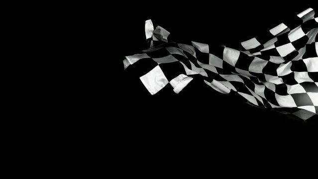 Super Slow Motion of Checkered Race Flag Waving Continuously in the Wind, 1000fps. Racing Flag Isolated on Black Background. Victory, Achievement, Success and Sport Concept.