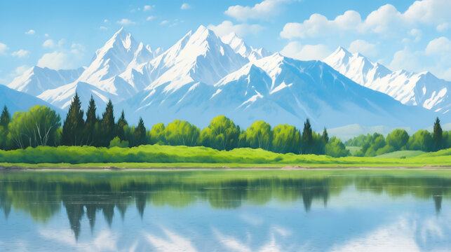 遠くに雪山を望む穏やかな川辺の風景イラスト