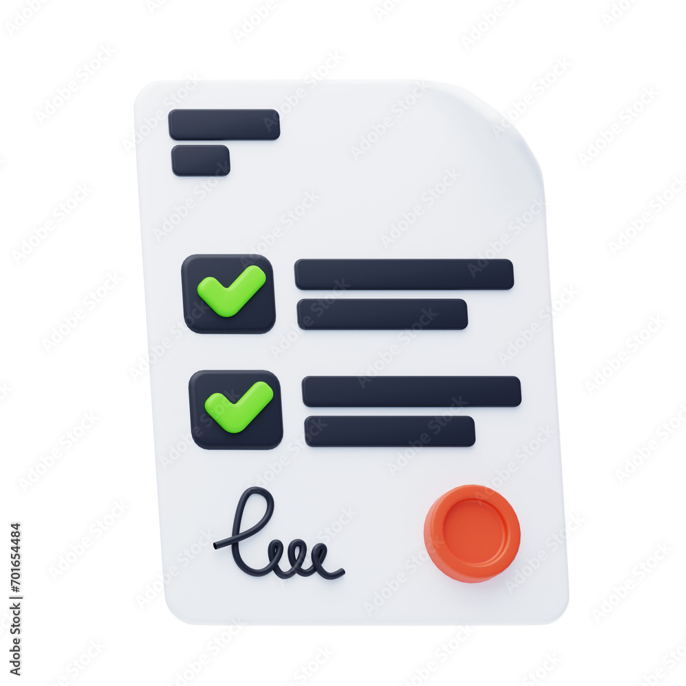Poster 3d task approval - checkmark and signature on assignment. 3d assignment with checkmark and signature