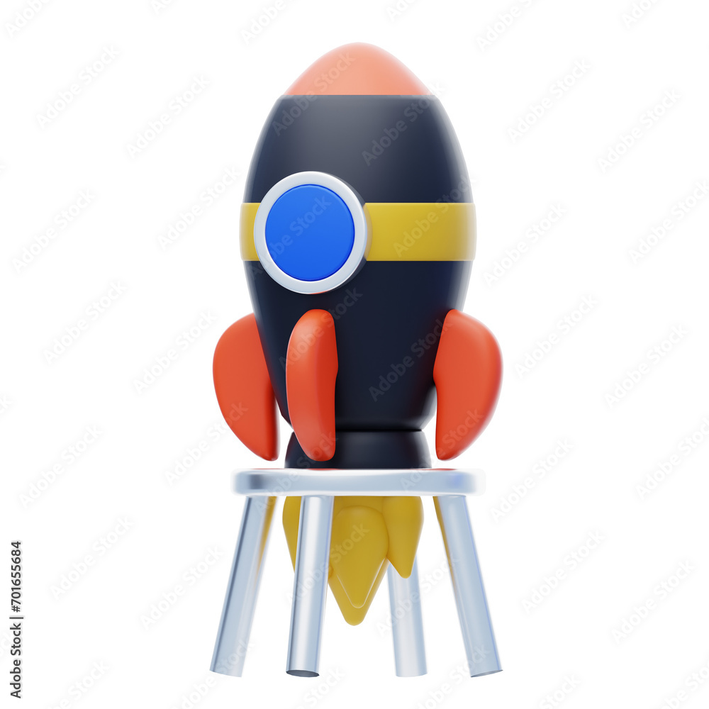 Poster launching innovation 3d startup rocket. visualizing entrepreneurial takeoff 3d startup. 3d illustrat
