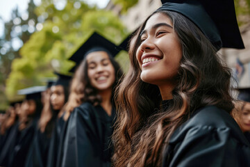 Happy Asian university graduate wearing black gown outdoors - obrazy, fototapety, plakaty