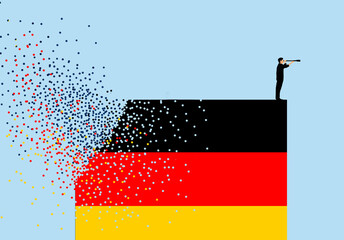 Man standing on destructing German flag and looking through telescope against blue background