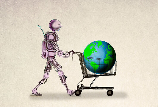 Robot pushing planet earth in shopping cart against beige background