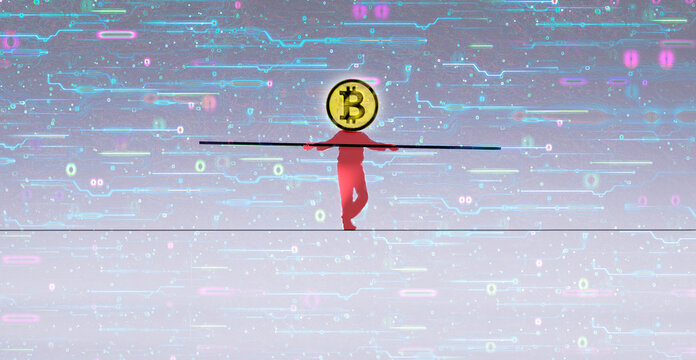 Man walking on tightrope with bitcoin over head