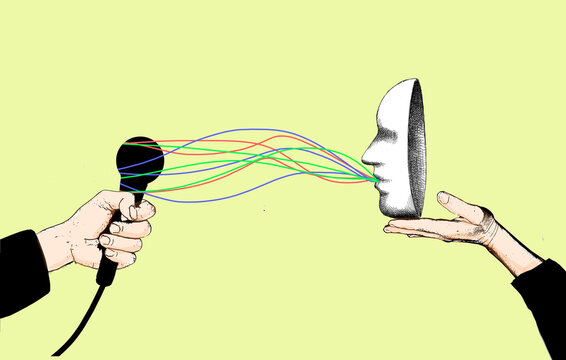 Mask talking to microphone against yellow background