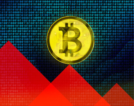 Bitcoin on red triangle in front of binary codes