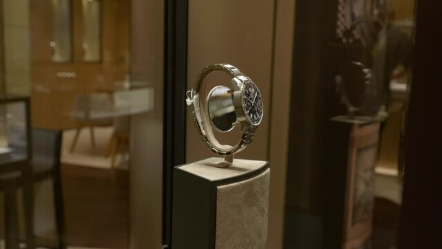 Stylish luxury titanium band wristwatch in Jaeger Le Coultre boutique store display case