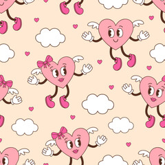 seamless pattern with groovy retro couple hearts