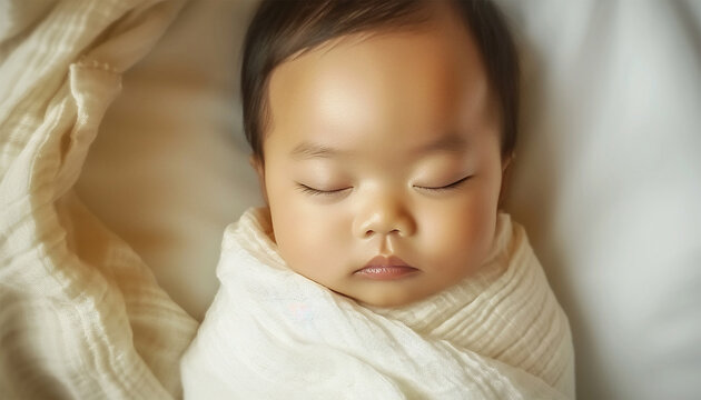 Newborn Asian baby sleeping. Top view happy newborn baby lying sleeps on a white blanket comfortable and safety at warmth place. Cute Asian newborn sleeping and napping on bed. Newborn Baby Care 