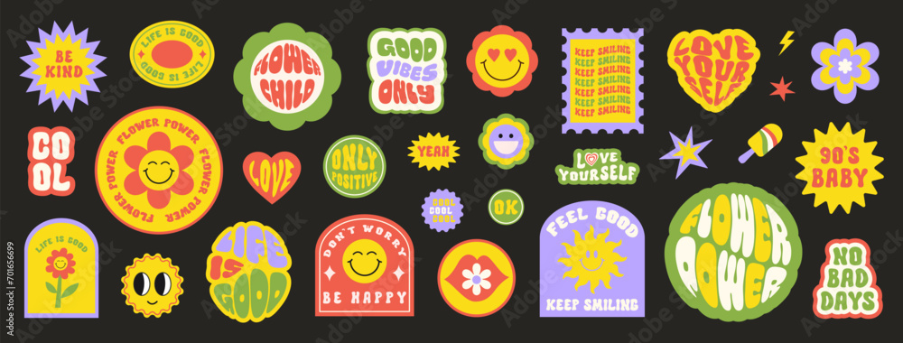 Poster trendy colorful set stickers with smiling face and text. collection of cartoon shapes, positive slog