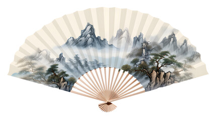 Chinese folding fan Chinese mountains. Isolated on Transparent background. - obrazy, fototapety, plakaty