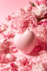 Valentine's day theme poster with copy space, sweet glossy pink heart and flower petal in romantic scene.