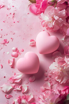 Valentine's day theme poster with copy space, sweet glossy pink heart and flower petal in romantic scene.