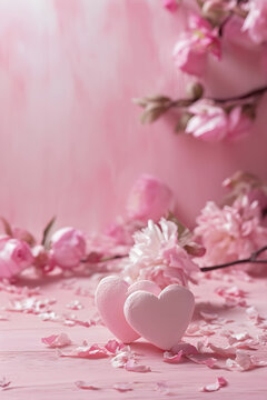 Valentine's day theme poster with copy space, sweet glossy pink heart and flower petal in romantic scene.