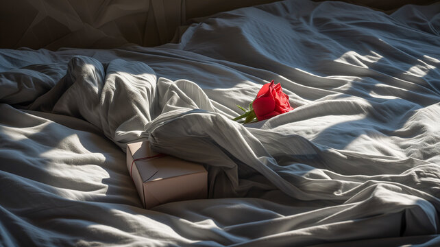 Red roses and giftbox on bed in the morning for Valentin's day celebrate.