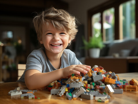 Child boy playing lego. Creating a world wonder with imagine. Generative Ai.